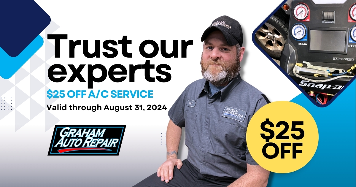 $25 Off A/C Service Special through August 31, 2024 at Graham Auto Repair